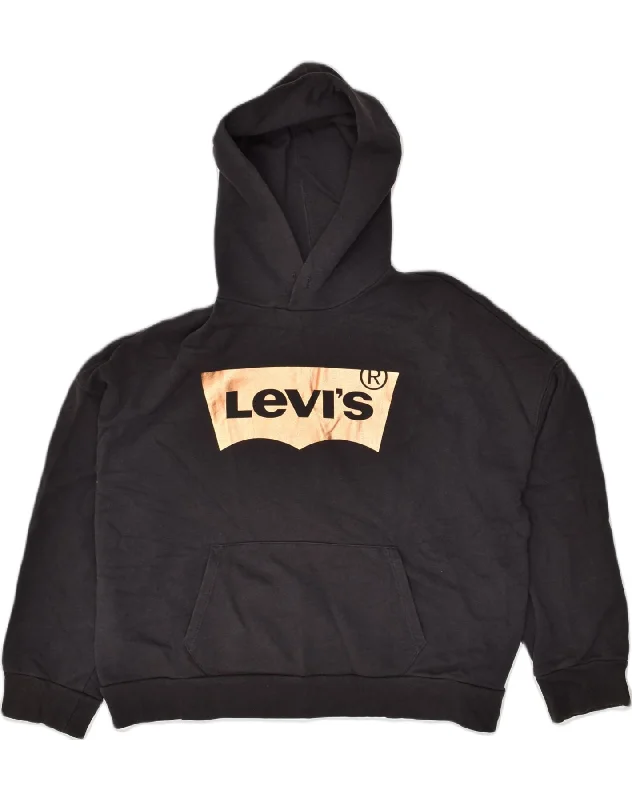 LEVI'S Womens Oversized Graphic Hoodie Jumper UK 14 Medium Black Cotton Hoodie with Hem Lace Feminine Delicate LEVI'S Womens Oversized Graphic Hoodie Jumper UK 14 Medium Black Cotton Hoodie with Hem Lace Feminine Delicate
