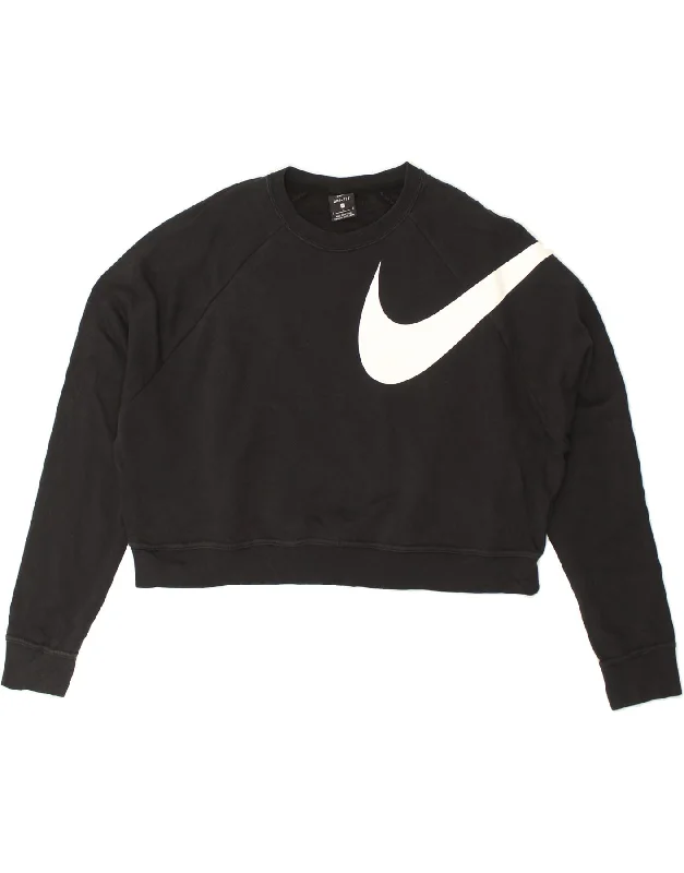 NIKE Womens Dri Fit Graphic Crop Sweatshirt Jumper UK 16 Large Black Hoodie with Side Slits Relaxed Casual NIKE Womens Dri Fit Graphic Crop Sweatshirt Jumper UK 16 Large Black Hoodie with Side Slits Relaxed Casual