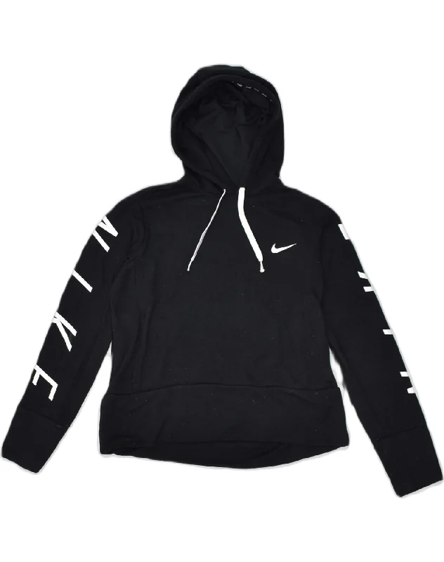 NIKE Womens Graphic Hoodie Jumper UK 10 Small Black Polyester Hoodie with Side Slits Relaxed Casual NIKE Womens Graphic Hoodie Jumper UK 10 Small Black Polyester Hoodie with Side Slits Relaxed Casual