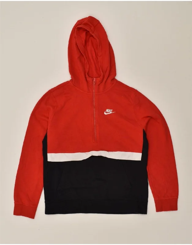 NIKE Womens Zip Neck Hoodie Jumper UK 18 XL Red Colourblock Cotton Hoodie with Applique Textured Unique NIKE Womens Zip Neck Hoodie Jumper UK 18 XL Red Colourblock Cotton Hoodie with Applique Textured Unique
