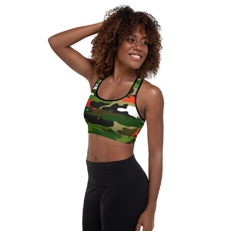 Green Orange Camo Sports Bra, Army Military Women's Padded Gym Bra-Made in USA/EU Sexy Lace Bralette Green Orange Camo Sports Bra, Army Military Women's Padded Gym Bra-Made in USA/EU Sexy Lace Bralette
