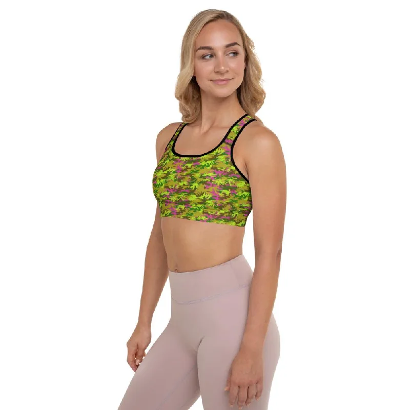 Pink Green Camo Sports Bra, Military Print Women's Padded Gym Bra- Made in USA/EU Breathable Comfort Bra Pink Green Camo Sports Bra, Military Print Women's Padded Gym Bra- Made in USA/EU Breathable Comfort Bra