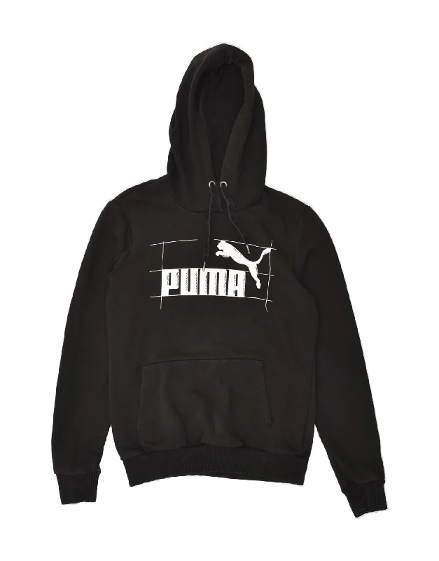 PUMA Womens Graphic Hoodie Jumper UK 10 Small Black Cotton Hoodie with Rolled Sleeves Casual Relaxed PUMA Womens Graphic Hoodie Jumper UK 10 Small Black Cotton Hoodie with Rolled Sleeves Casual Relaxed