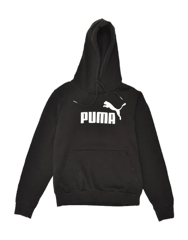 PUMA Womens Graphic Hoodie Jumper UK 10 Small Black Cotton Hoodie with Hem Embroidery Detailed Premium PUMA Womens Graphic Hoodie Jumper UK 10 Small Black Cotton Hoodie with Hem Embroidery Detailed Premium