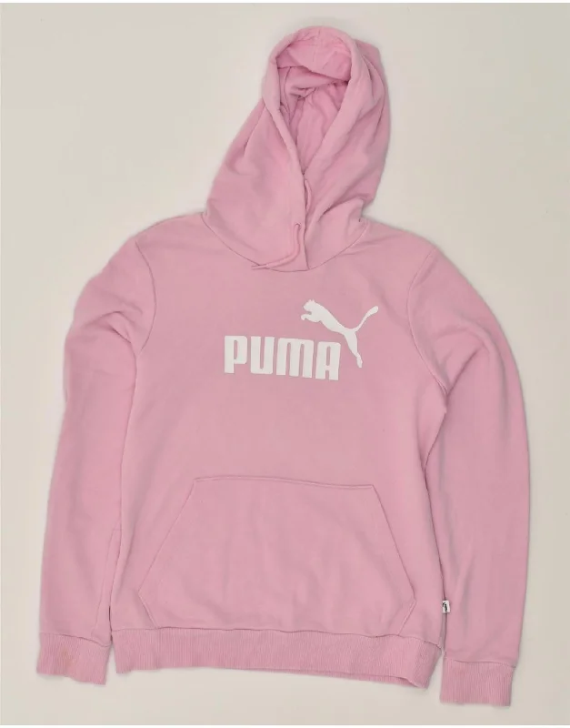 PUMA Womens Graphic Hoodie Jumper UK 12 Medium Pink Hoodie with Hem Embroidery Detailed Premium PUMA Womens Graphic Hoodie Jumper UK 12 Medium Pink Hoodie with Hem Embroidery Detailed Premium