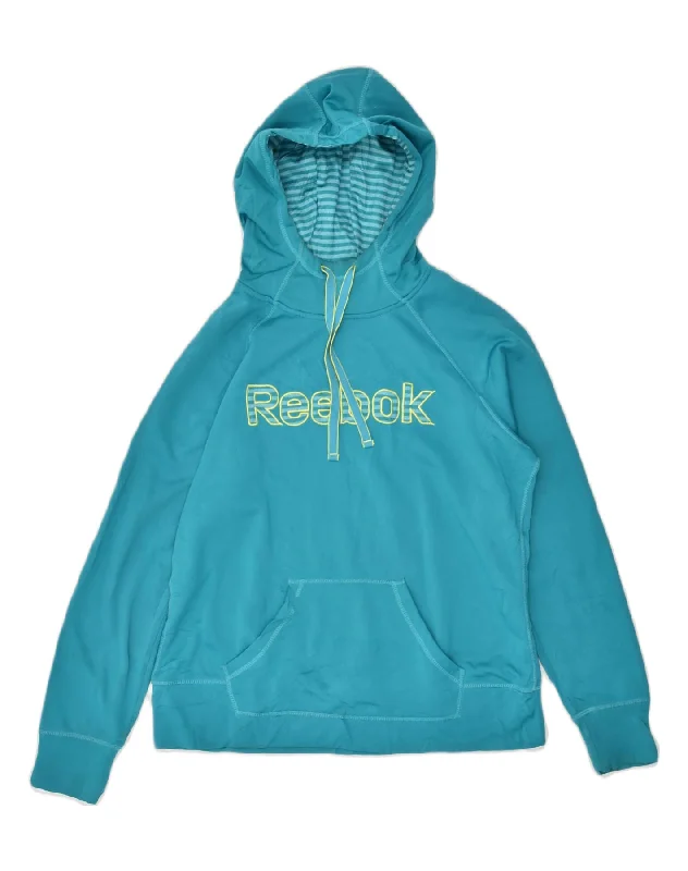 REEBOK Womens Graphic Hoodie Jumper UK 16 Large Blue Polyester Hoodie with Distressed Vintage Worn REEBOK Womens Graphic Hoodie Jumper UK 16 Large Blue Polyester Hoodie with Distressed Vintage Worn