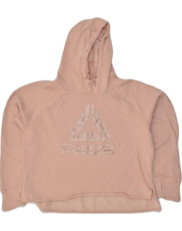 REEBOK Womens Oversized Graphic Hoodie Jumper UK 14 Large Beige Cotton Hoodie with Hem Ribbing Snug Secure REEBOK Womens Oversized Graphic Hoodie Jumper UK 14 Large Beige Cotton Hoodie with Hem Ribbing Snug Secure
