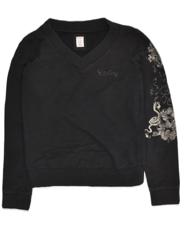REPLAY Womens Sweatshirt Jumper UK 12 Medium Black Floral Cotton Hoodie with Front Slit Layering Stylish REPLAY Womens Sweatshirt Jumper UK 12 Medium Black Floral Cotton Hoodie with Front Slit Layering Stylish