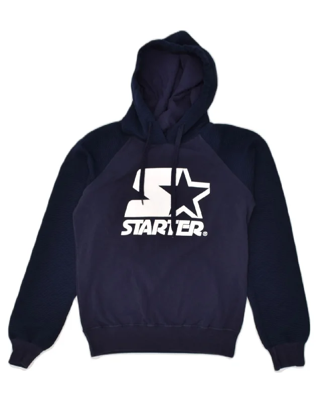 STARTER Womens Graphic Hoodie Jumper UK 14 Large Navy Blue Cotton Hoodie with Raw Hem Edgy Unfinished STARTER Womens Graphic Hoodie Jumper UK 14 Large Navy Blue Cotton Hoodie with Raw Hem Edgy Unfinished