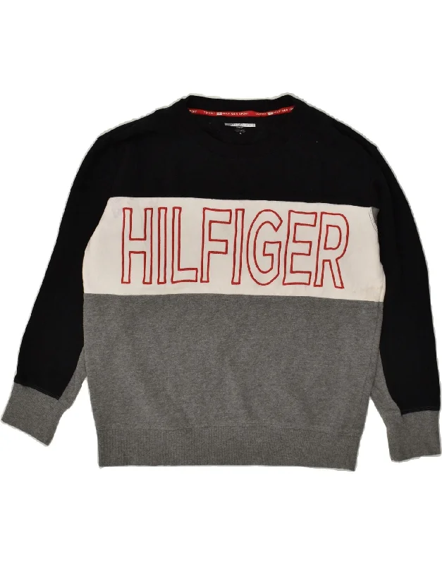 TOMMY HILFIGER Womens Graphic Sweatshirt Jumper UK 14 Medium Black Hoodie with Emblem Brand Identity TOMMY HILFIGER Womens Graphic Sweatshirt Jumper UK 14 Medium Black Hoodie with Emblem Brand Identity