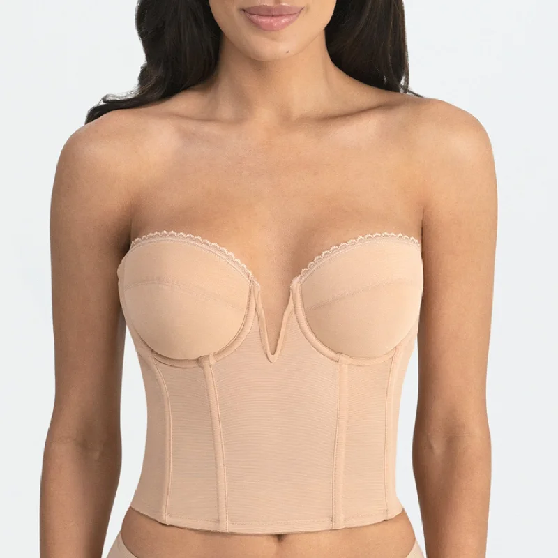 Valerie Bustier Deep Plunge V-Wire Backless Strapless Bridal Bra In Mocha - Dominique Lace Back Bra Valerie Bustier Deep Plunge V-Wire Backless Strapless Bridal Bra In Mocha - Dominique Lace Back Bra