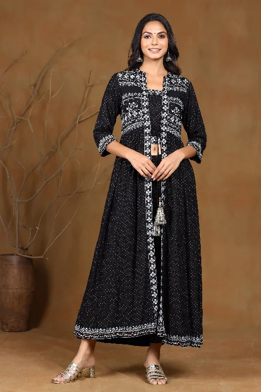 Black Rayon Printed Jacket Style Kurta & Pants Set Faux Fur Jacket Real Fur Jacket Shearling Jacket