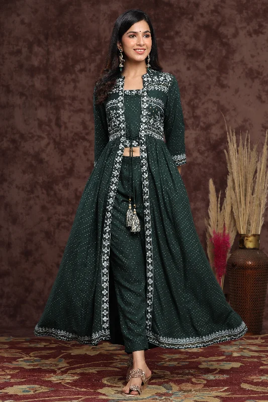 Jade Green Rayon Printed Jacket Style Kurta & Pants Set Fleece Jacket Down Jacket Feather Jacket