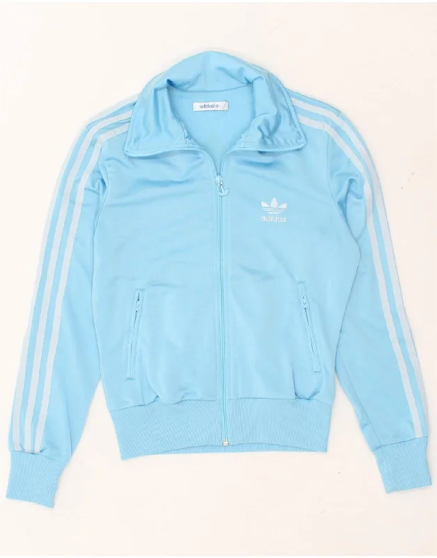 ADIDAS Womens Graphic Tracksuit Top Jacket EU 34 XS Blue Polyester A-Line Jacket Boat Neck Shawl Collar