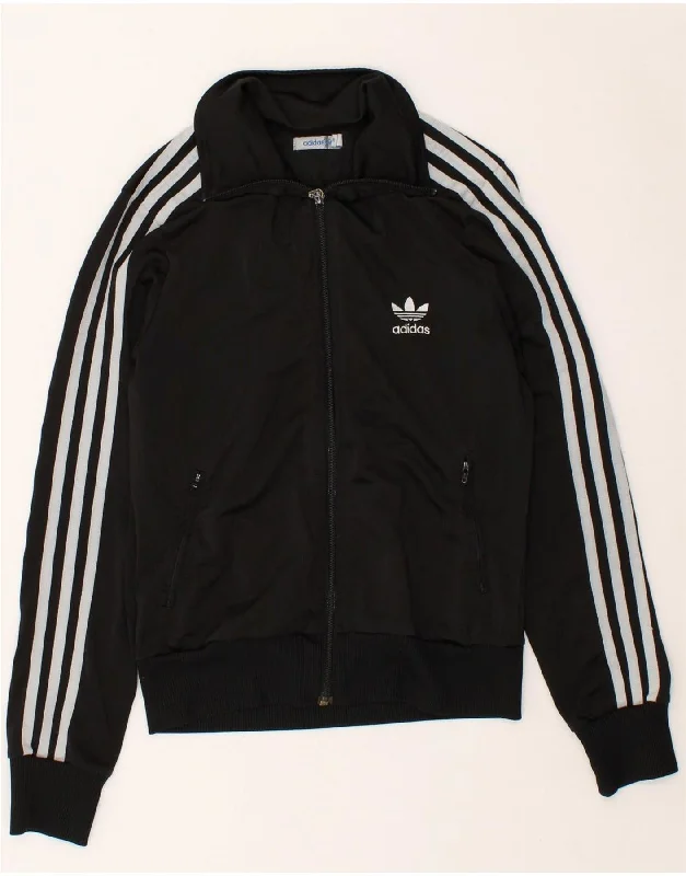 ADIDAS Womens Graphic Tracksuit Top Jacket EU 38 Small Black Polyester Notch Collar Peter Pan Collar Cowl Neck