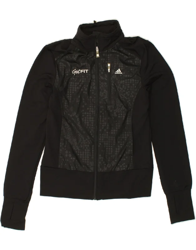 ADIDAS Womens Graphic Tracksuit Top Jacket UK 10 Small Black Polyester Tailored Jacket Straight Jacket A-Line Jacket