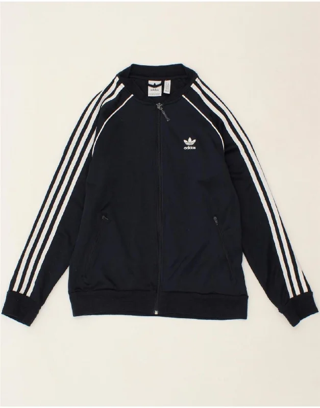 ADIDAS Womens Graphic Tracksuit Top Jacket UK 6 XS Navy Blue Polyester Notch Collar Peter Pan Collar Cowl Neck