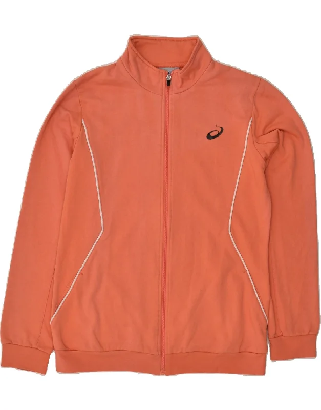 ASICS Womens Graphic Tracksuit Top Jacket UK 16 Large Orange Cotton Zip Front Button Front Snap Front