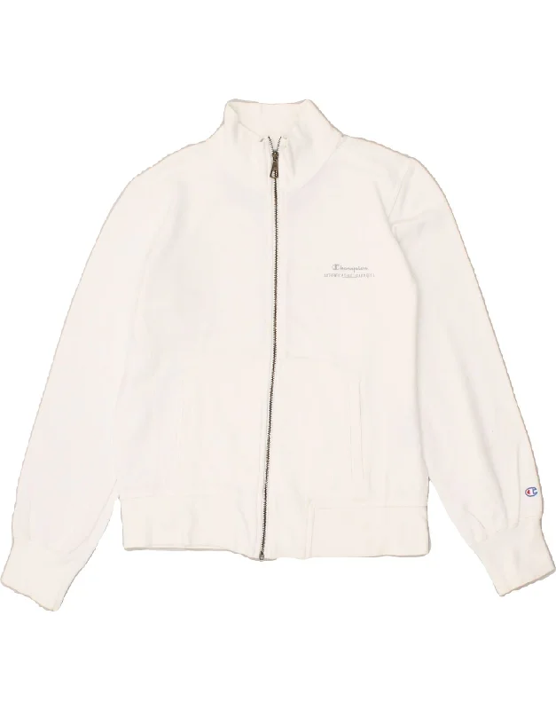 CHAMPION Womens Crop Tracksuit Top Jacket UK 10 Small White Cotton Boat Neck Shawl Collar Notched Collar