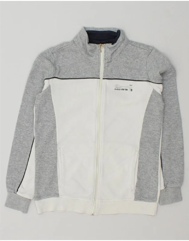 CHAMPION Womens Graphic Tracksuit Top Jacket UK 12 Medium Grey Colourblock Hooded Jacket Caped Jacket Shawl Collar Jacket