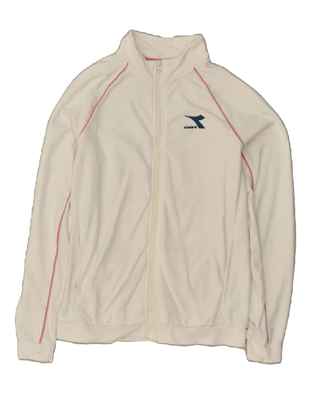 DIADORA Womens Graphic Tracksuit Top Jacket UK 12 Medium White Cotton Ribbed Jacket Pleated Jacket Ruffled Jacket