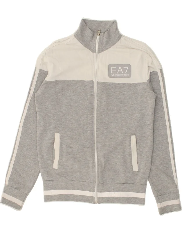 EMPORIO ARMANI Womens Graphic Tracksuit Top Jacket UK 10 Small Grey Notch Collar Jacket Peter Pan Collar Jacket Cowl Neck Jacket