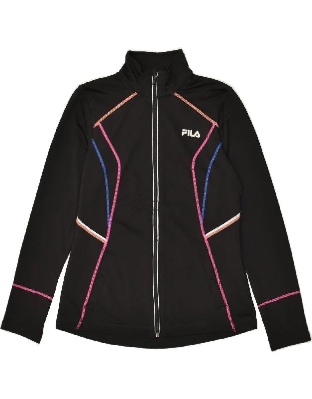 FILA Womens Graphic Tracksuit Top Jacket UK 12 Medium Black Polyester Front Pockets Side Pockets Patch Pockets