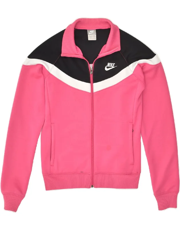 NIKE Womens Tracksuit Top Jacket UK 10/12 Medium Pink Colourblock Denim Jacket Leather Jacket Suede Jacket