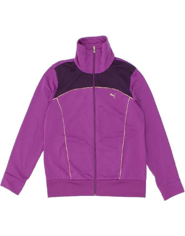 PUMA Womens Graphic Tracksuit Top Jacket UK 16 Large  Purple Colourblock Chenille Fabric Brocade Fabric Lace Fabric