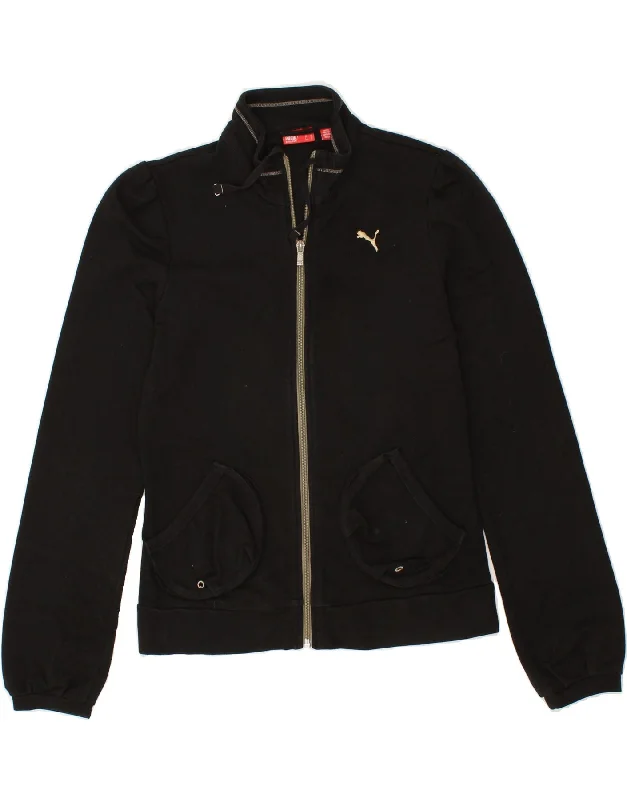 PUMA Womens Tracksuit Top Jacket UK 12 Medium Black Cotton Zippered Front Buttoned Front Snap Front