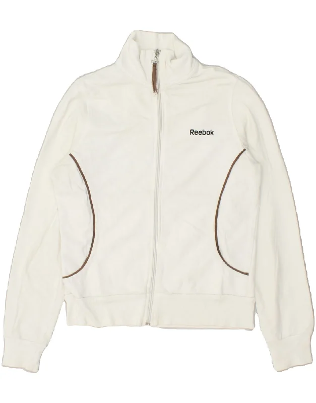 REEBOK Womens Tracksuit Top Jacket UK 10 Small White Cotton Knit Jacket Woven Jacket Fleece Jacket