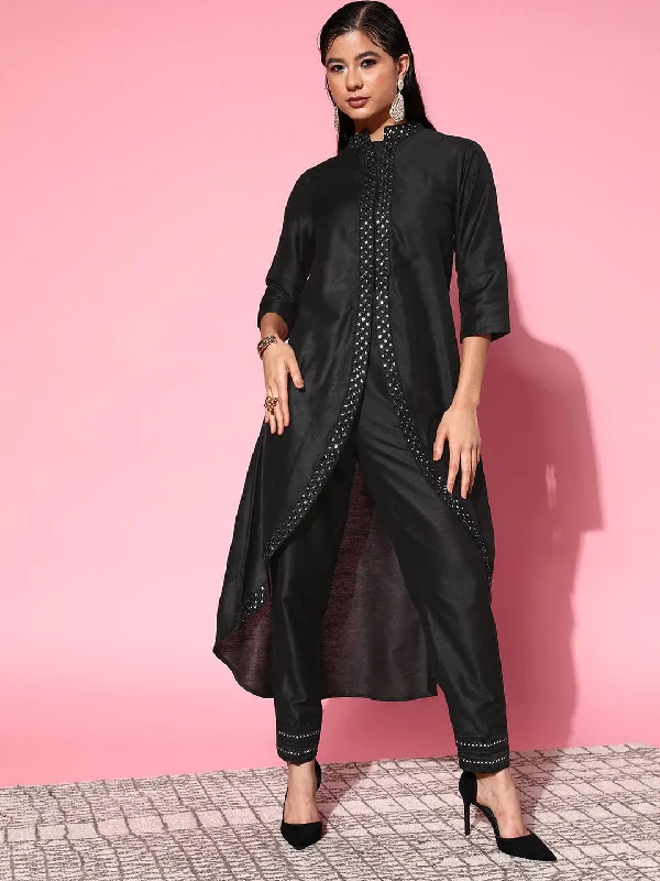 Women Black Mirror Embroidered High Low Jacket Kurta Chenille Jacket Brocade Jacket Lace Jacket