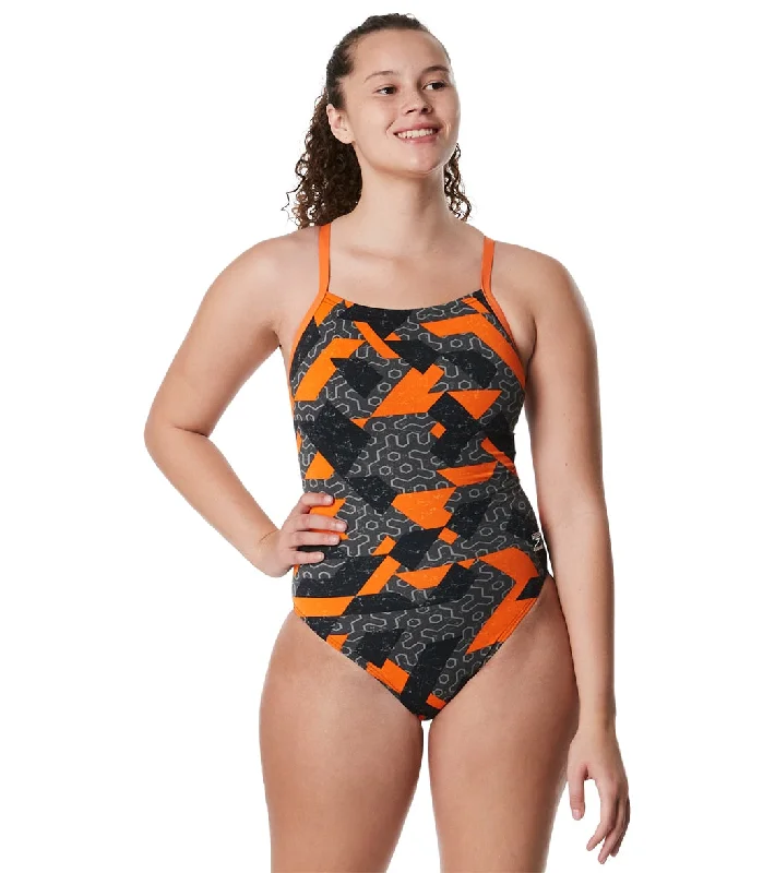 Speedo Women's Ruse Blocks Flyback One Piece Swimsuit Speedo Orange Strappy Back Bikini