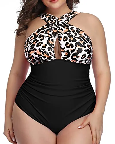 High Waisted Front Cross Swimsuit Slimming Effect-Black And Leopard Casual Swim Dress High Waisted Front Cross Swimsuit Slimming Effect-Black And Leopard Casual Swim Dress