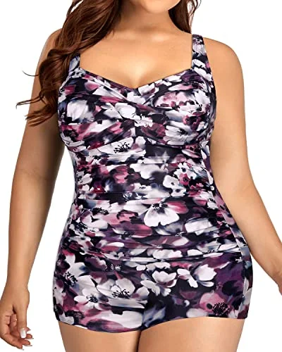 Modest Plus Size Boyshorts Swimsuits Front Twist Tummy Control-Purple Floral Crisscross Back Swimsuit Modest Plus Size Boyshorts Swimsuits Front Twist Tummy Control-Purple Floral Crisscross Back Swimsuit