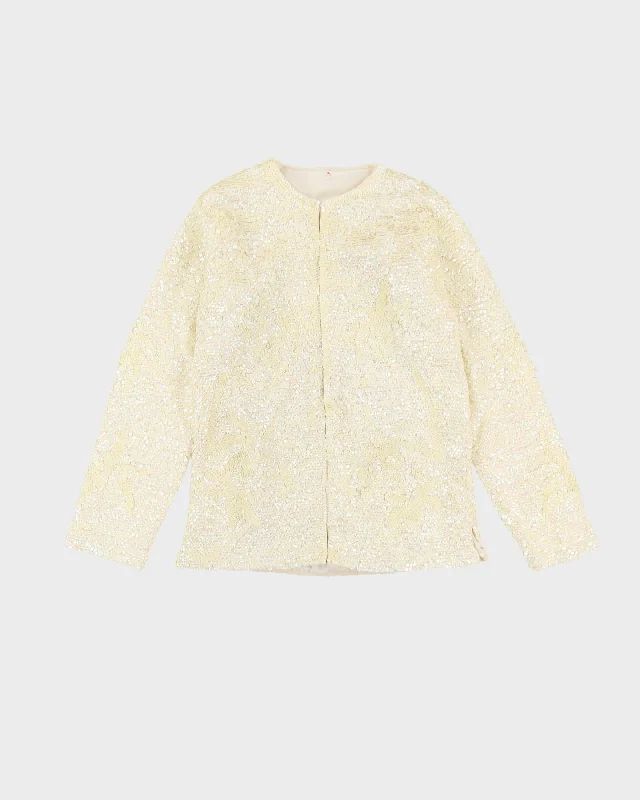 1980s Cream Sequined Cardigan Style Jacket - S Belted Jacket Elasticated Jacket Padded Jacket 1980s Cream Sequined Cardigan Style Jacket - S Belted Jacket Elasticated Jacket Padded Jacket