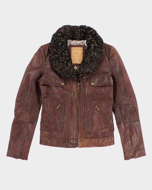 Guess Brown Leather Faux Fur Jacket - XS Elasticated Jacket Padded Jacket Insulated Jacket Guess Brown Leather Faux Fur Jacket - XS Elasticated Jacket Padded Jacket Insulated Jacket