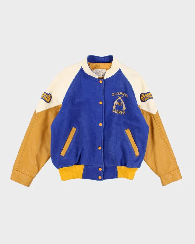 Vintage Blue And Yellow Leather Varsity Jacket - XL Knit Fabric Woven Fabric Fleece Fabric Vintage Blue And Yellow Leather Varsity Jacket - XL Knit Fabric Woven Fabric Fleece Fabric