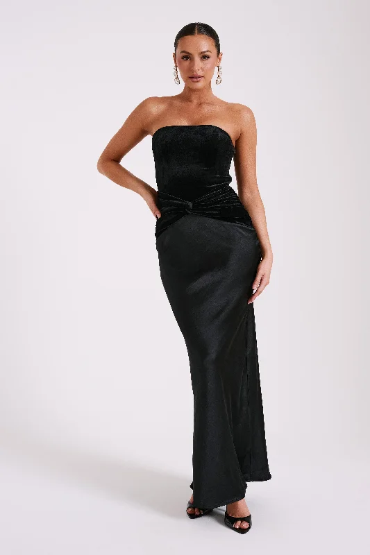 Danna Strapless Satin Velvet Maxi Dress - Black Classic Strapless Maxi Dress
