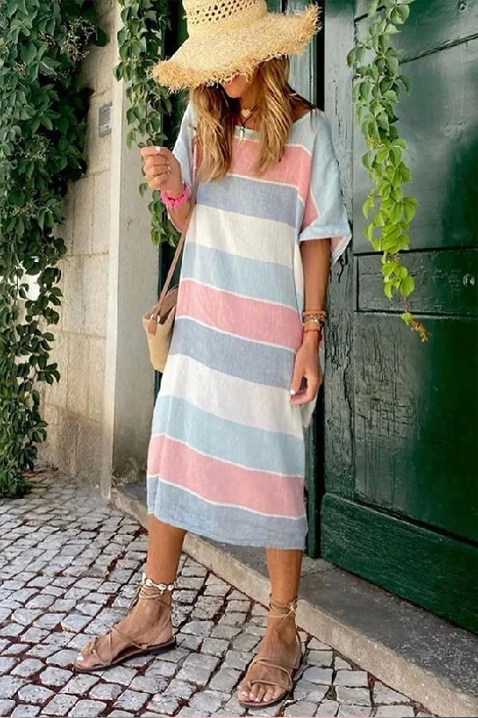 Multicolor Striped Color Block Loose Fit Half Sleeve Maxi Dress Comfortable Maxi Dress with Slits Multicolor Striped Color Block Loose Fit Half Sleeve Maxi Dress Comfortable Maxi Dress with Slits