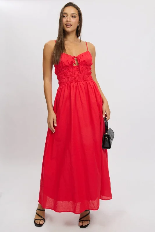 Red Maxi Dress Strappy Trendy Floral Print Maxi Dress