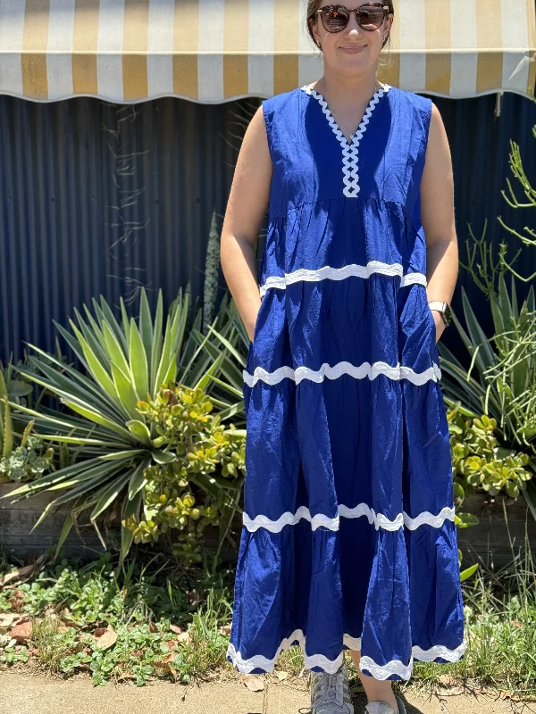 Sicily Cobalt Ric Rac Maxi Dress Stylish V-Neck Maxi Dress