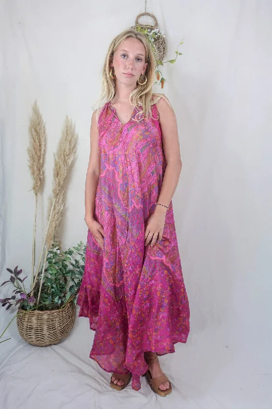Siren Maxi Dress - Fuchsia and Ochre Intricate Ikat- Vintage Indian Silk - M/L Cozy Maxi Dress with Slit Siren Maxi Dress - Fuchsia and Ochre Intricate Ikat- Vintage Indian Silk - M/L Cozy Maxi Dress with Slit