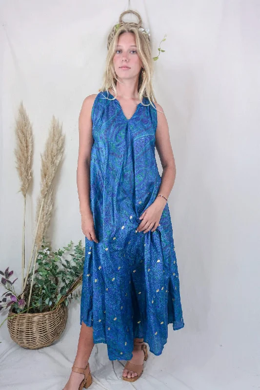Siren Maxi Dress - Golden Treasure, Ocean Teal and Seagrass Green Intricate Paisley - Vintage Indian Silk - M/L Stylish V-Neck Maxi Dress Siren Maxi Dress - Golden Treasure, Ocean Teal and Seagrass Green Intricate Paisley - Vintage Indian Silk - M/L Stylish V-Neck Maxi Dress