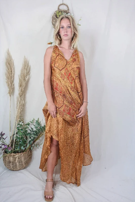 Siren Maxi Dress - Honey Suckle and Cinnamon Ornate Motif - Vintage Indian Silk - M/L Stylish Longline Maxi Dress Siren Maxi Dress - Honey Suckle and Cinnamon Ornate Motif - Vintage Indian Silk - M/L Stylish Longline Maxi Dress
