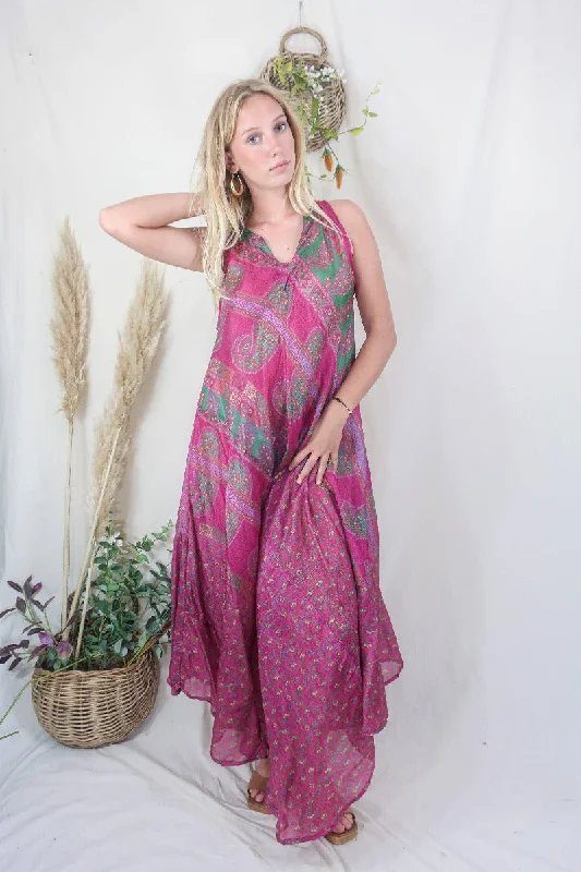 Siren Maxi Dress - Magenta and Moss Chevron Paisley - Vintage Indian Silk - M/L Comfortable Bohemian Maxi Dress Siren Maxi Dress - Magenta and Moss Chevron Paisley - Vintage Indian Silk - M/L Comfortable Bohemian Maxi Dress