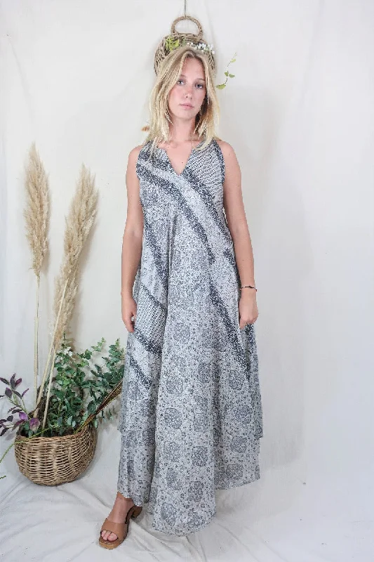 Siren Maxi Dress - Slate and Ice Mandala Motif - Vintage Indian Silk - M/L Trendy Maxi Dress with Straps Siren Maxi Dress - Slate and Ice Mandala Motif - Vintage Indian Silk - M/L Trendy Maxi Dress with Straps