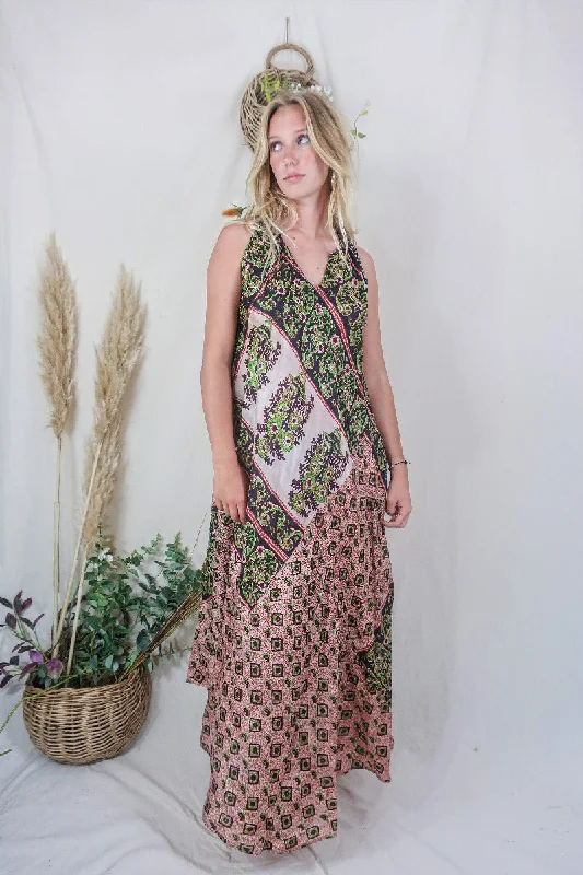 Siren Maxi Dress - Taupe and Midnight Block Print Floral Ikat - Vintage Indian Silk - M/L Comfortable Fitted Maxi Dress Siren Maxi Dress - Taupe and Midnight Block Print Floral Ikat - Vintage Indian Silk - M/L Comfortable Fitted Maxi Dress