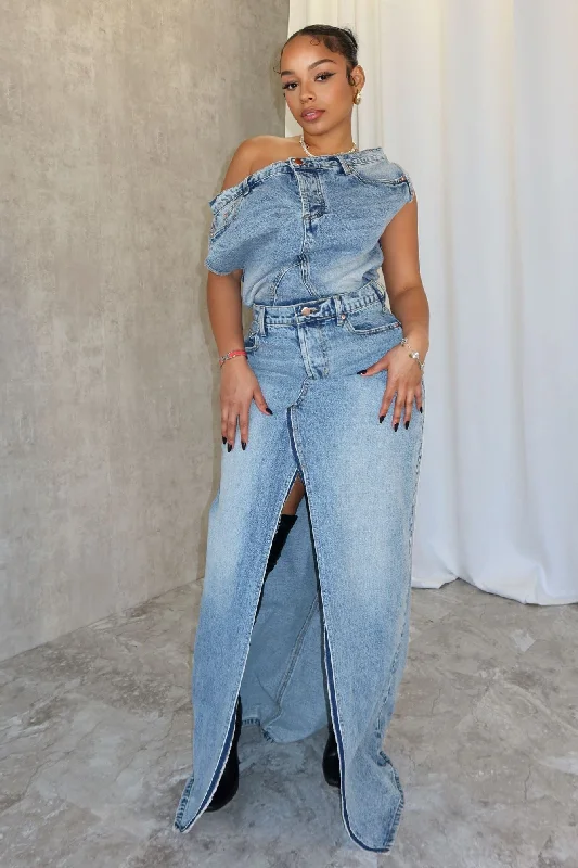 Sawyer Un Balanced Denim Maxi Dress Elegant Tiered Maxi Dress