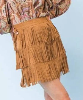 Camel Faux Suede Fringe Mini Skirt silk skirt lustrous